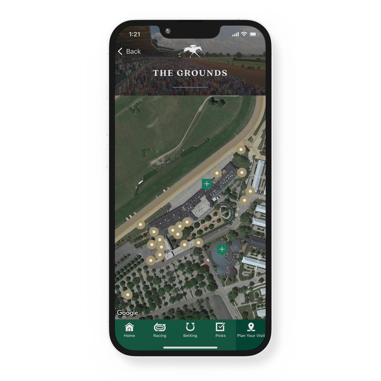 Keeneland grounds screen in the mobile app. 